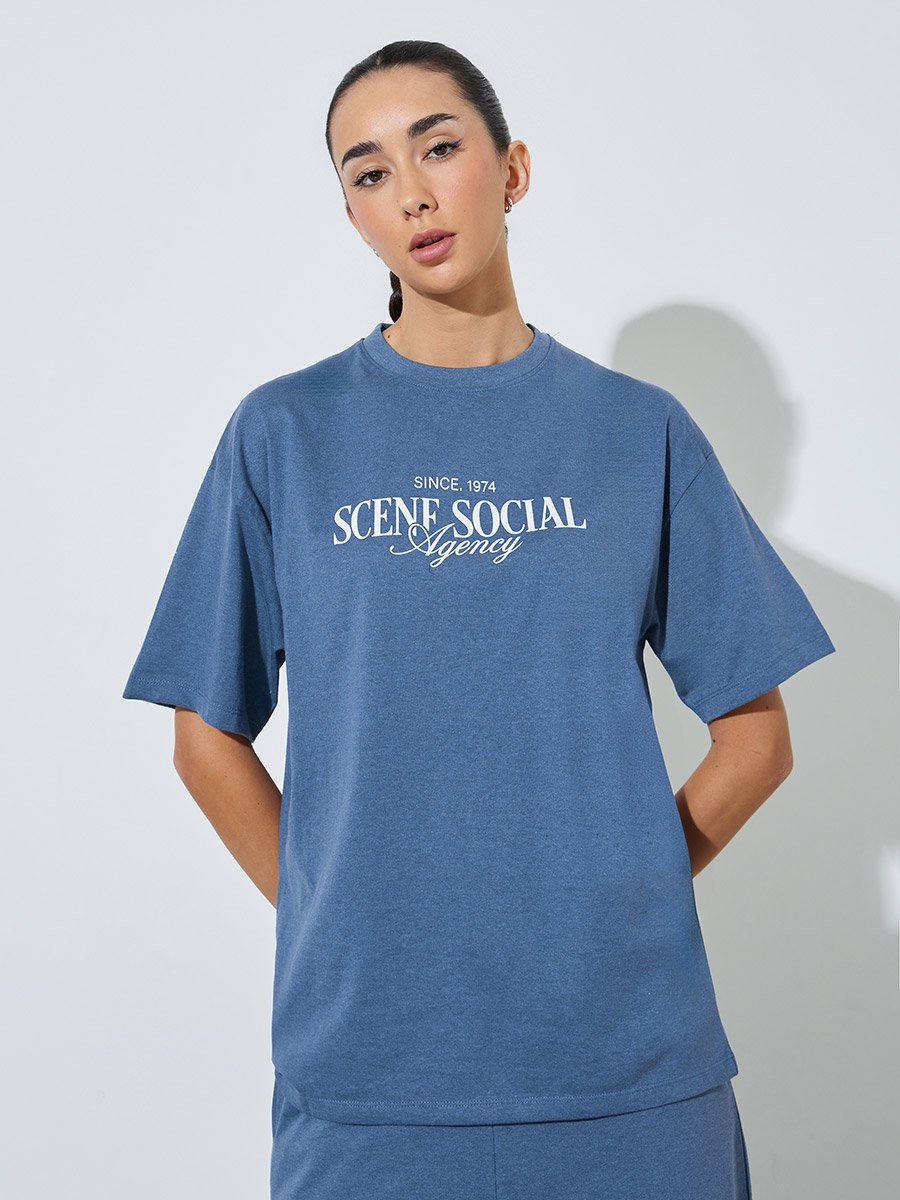 Blue Text Print Cotton Blend T-Shirt and Joggers Co-ord Set