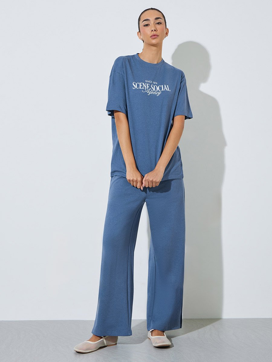 Blue Text Print Cotton Blend T-Shirt and Joggers Co-ord Set