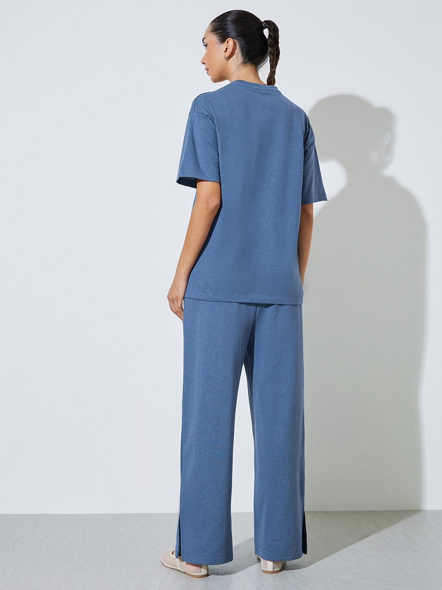 Blue Text Print Cotton Blend T-Shirt and Joggers Co-ord Set