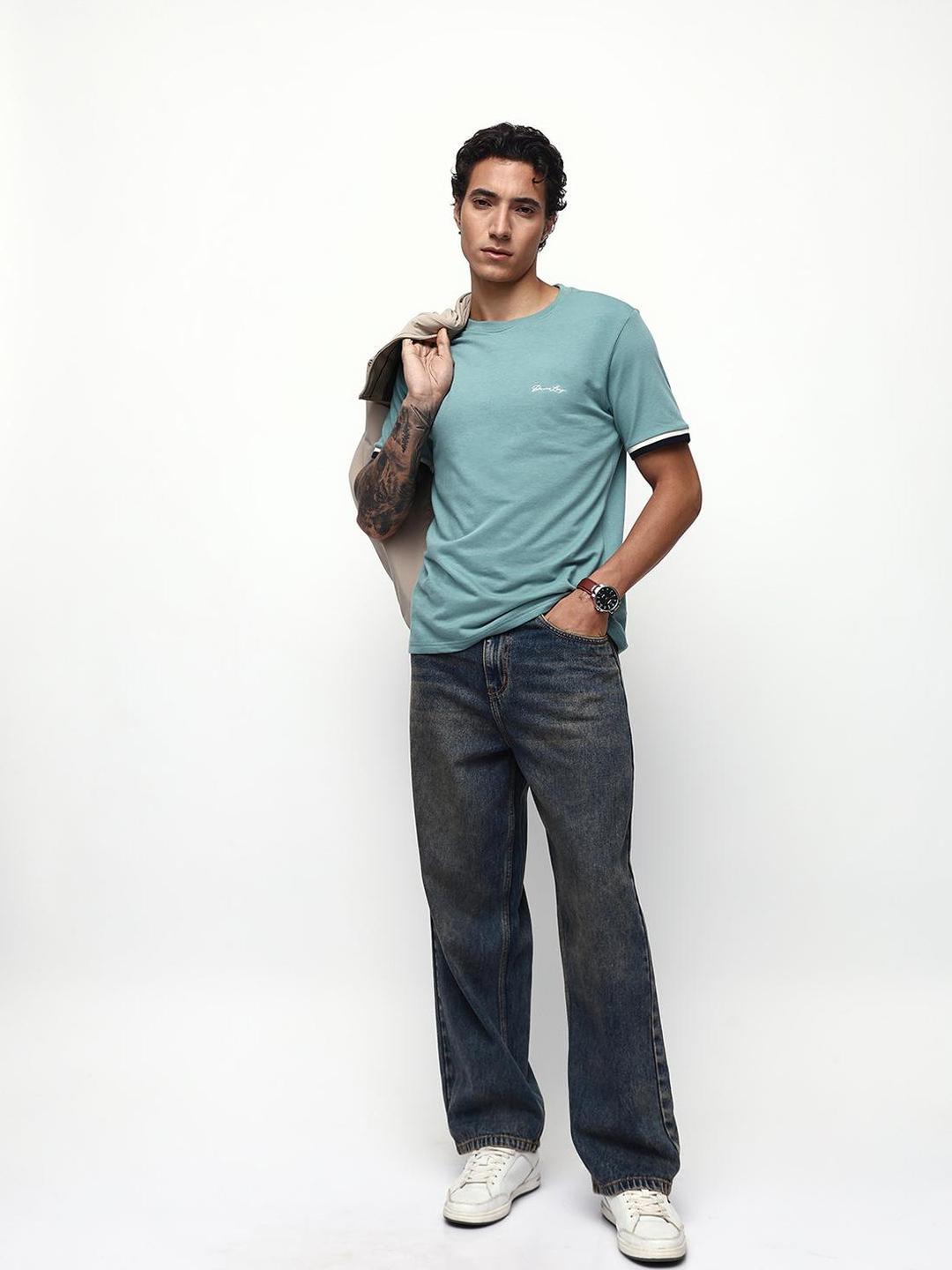 Men Mineral Blue 100% Cotton Relaxed T-Shirt