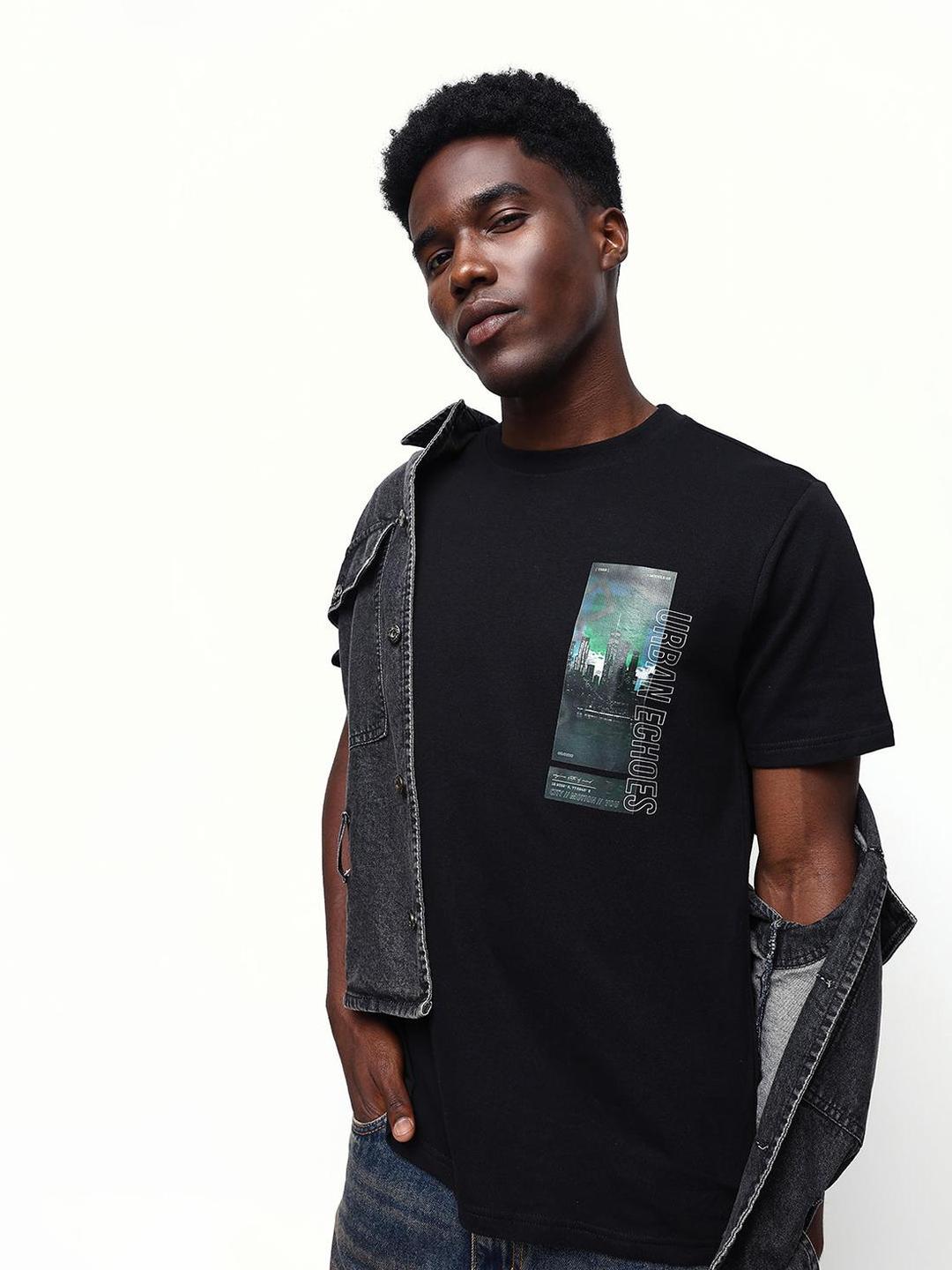 Men Black Cotton Relaxed T-Shirt