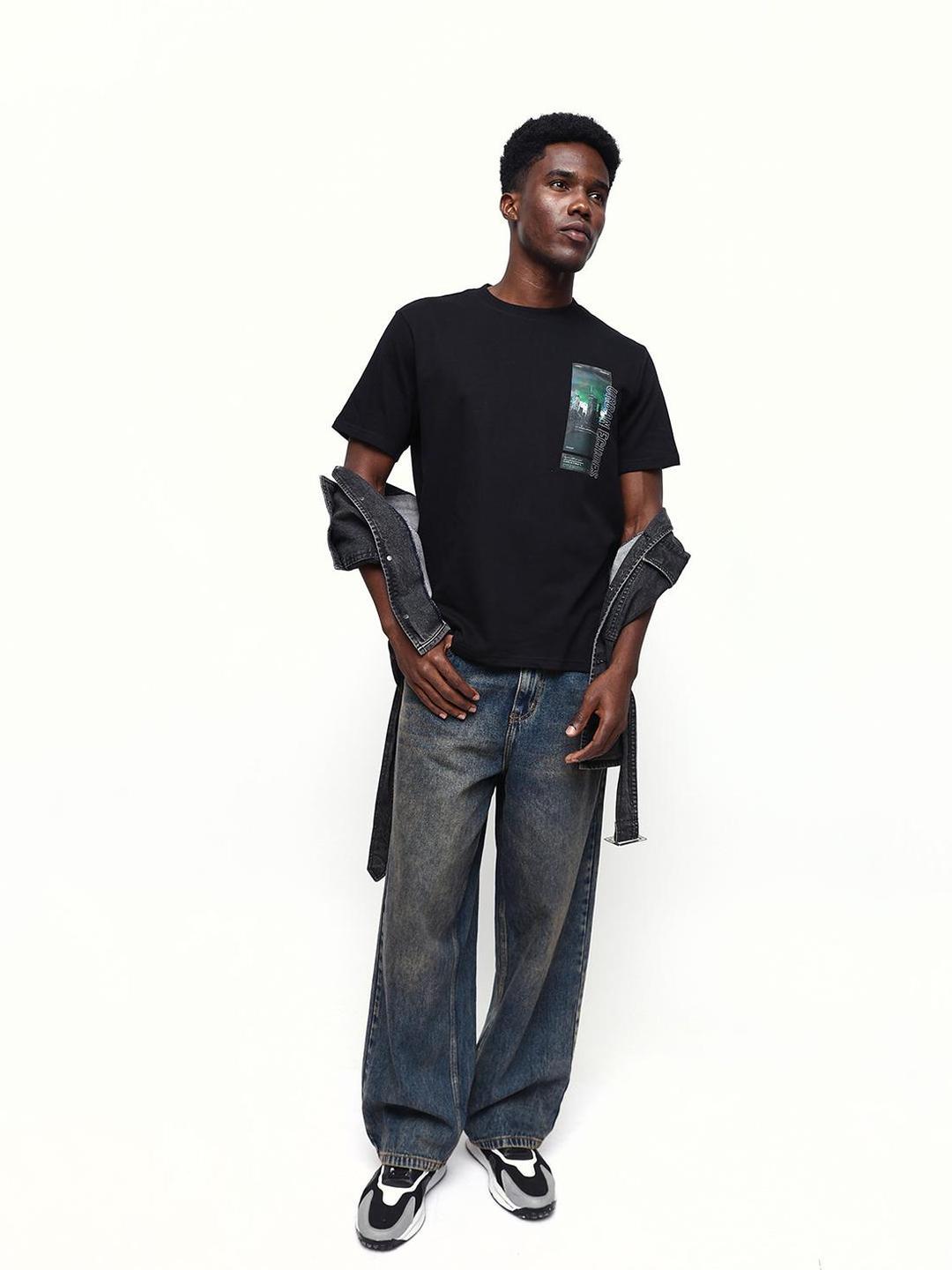 Men Black Cotton Relaxed T-Shirt