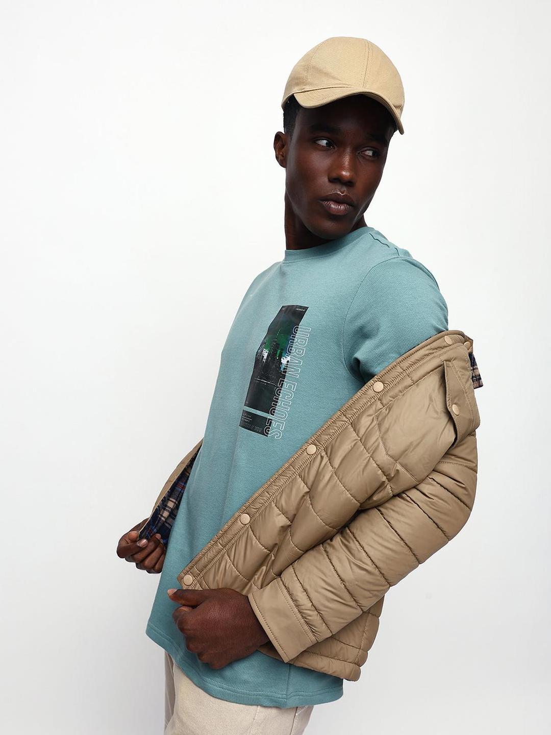 Men Mineral Blue Cotton Relaxed T-Shirt