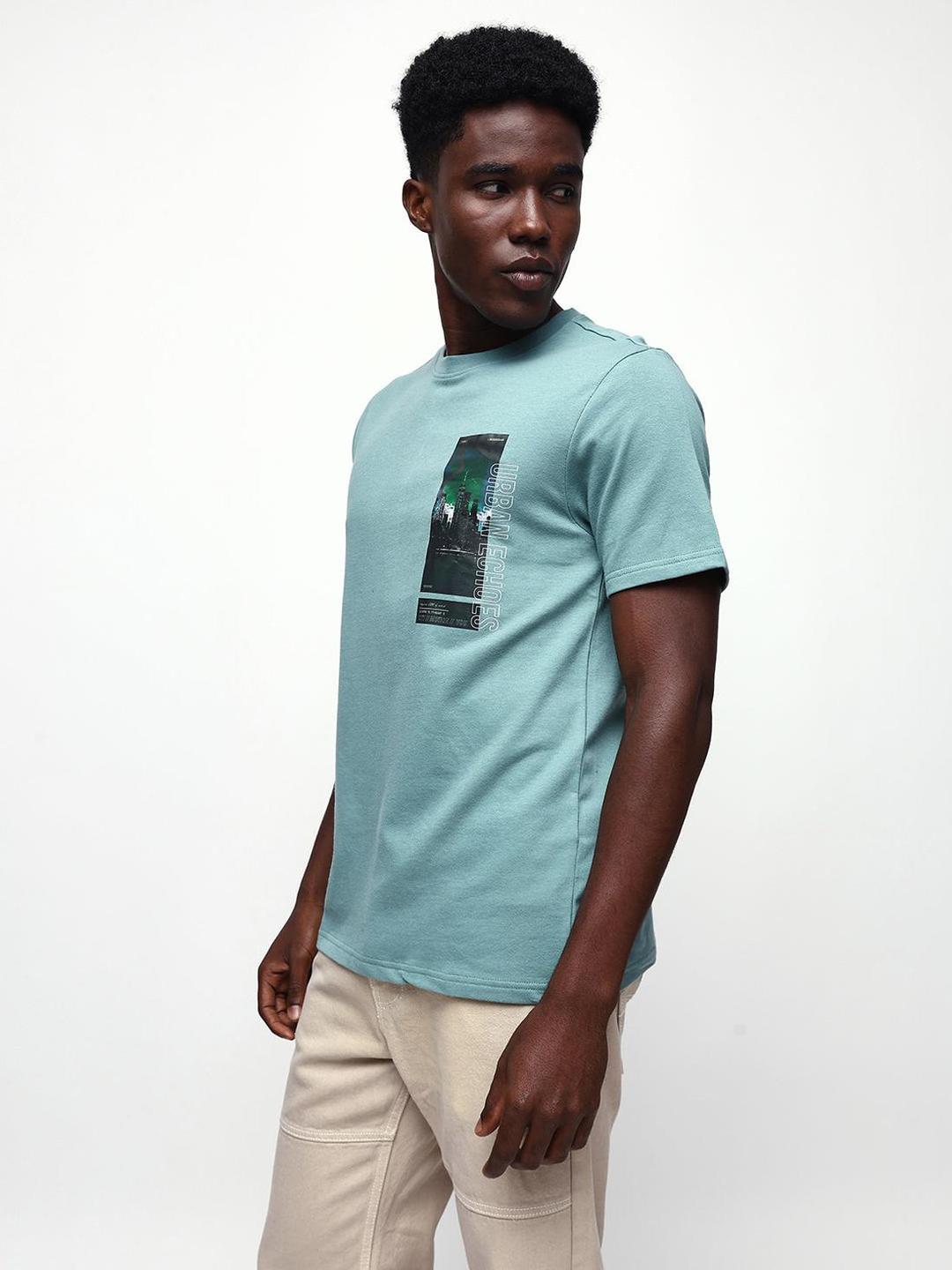 Men Mineral Blue Cotton Relaxed T-Shirt
