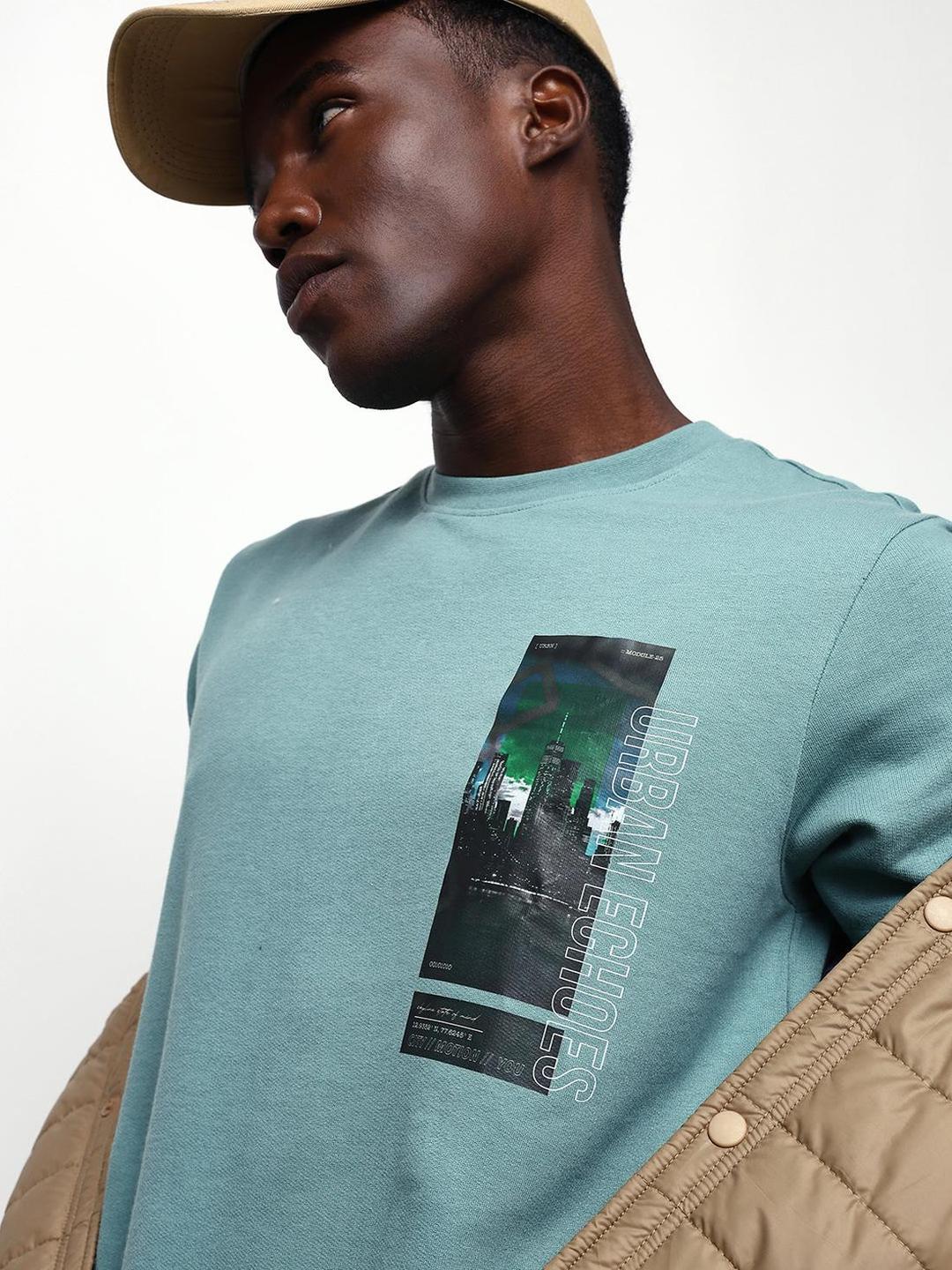 Men Mineral Blue Cotton Relaxed T-Shirt