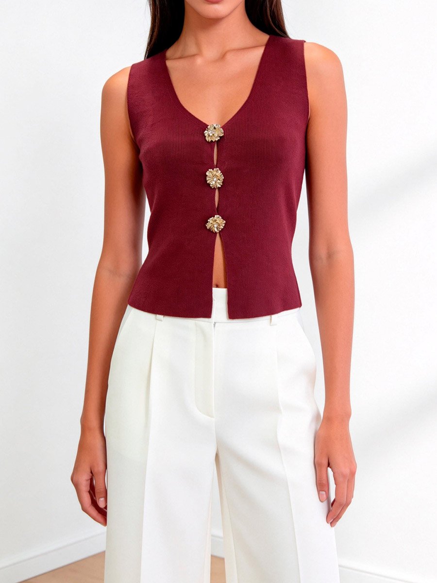 Burgundy Sleeveless Knit Top with Floral Buttons