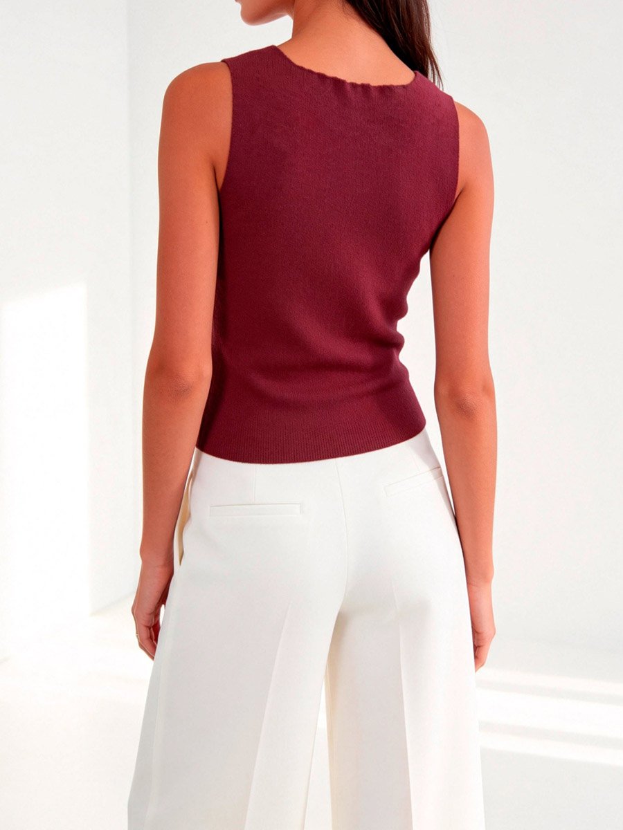 Burgundy Sleeveless Knit Top with Floral Buttons