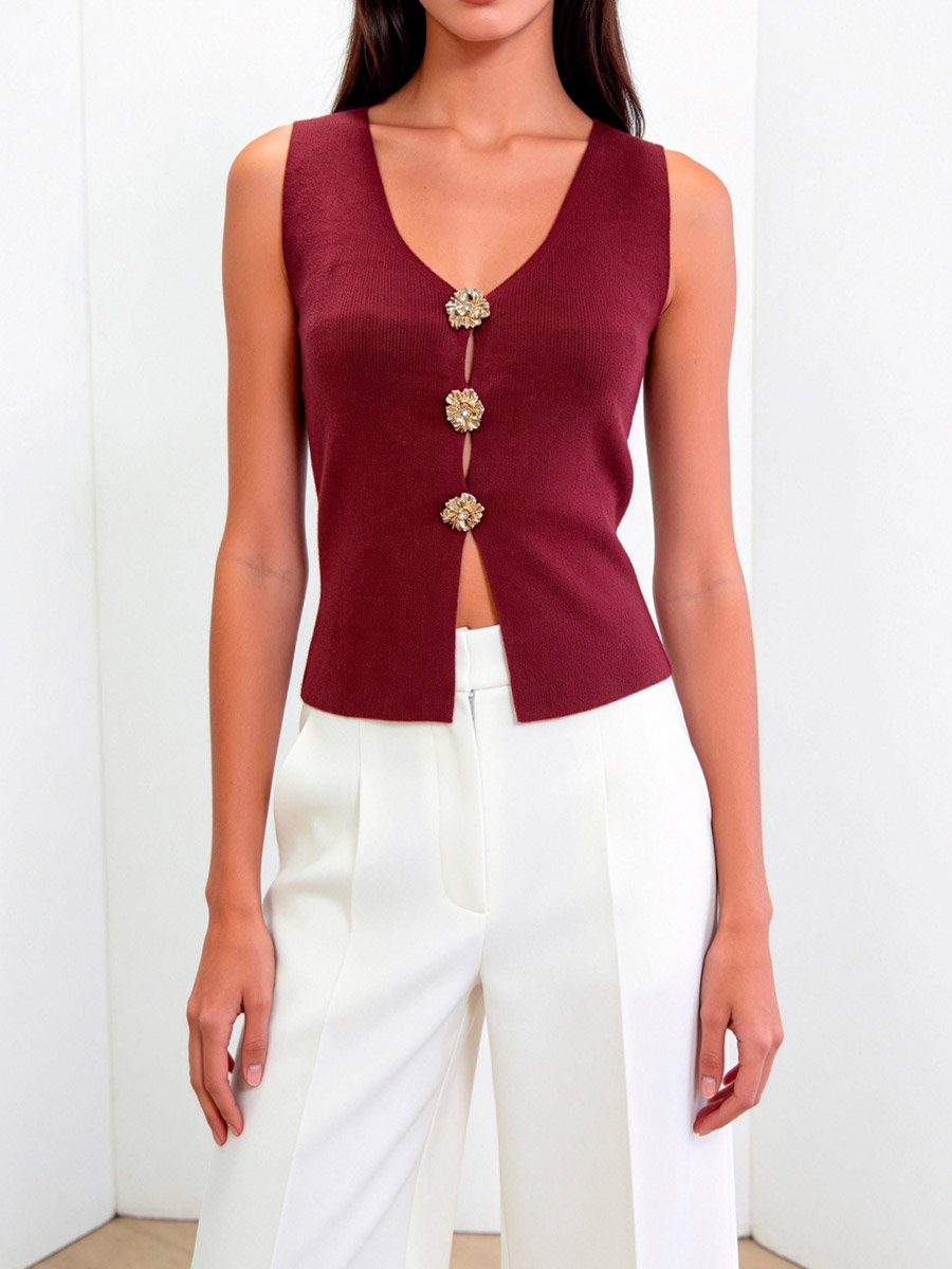 Burgundy Sleeveless Knit Top with Floral Buttons