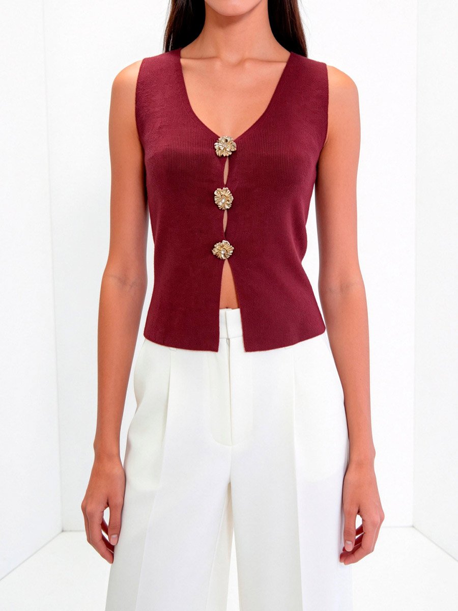 Burgundy Sleeveless Knit Top with Floral Buttons