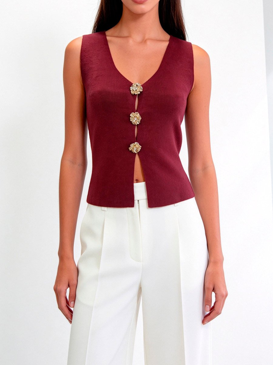 Burgundy Sleeveless Knit Top with Floral Buttons