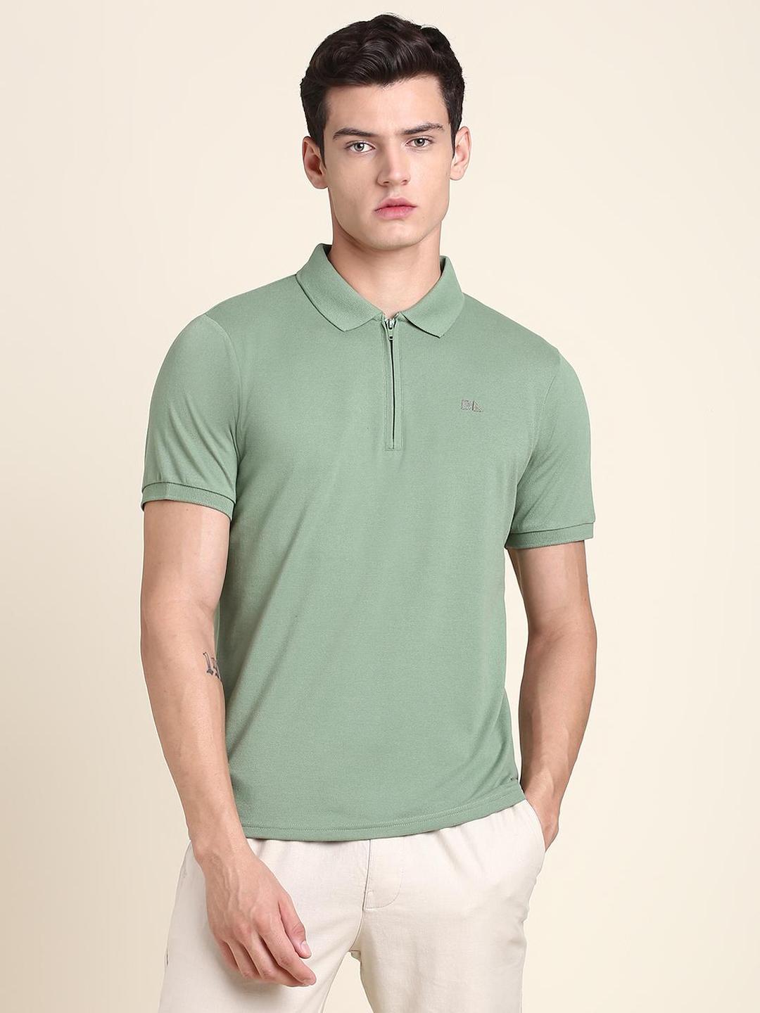 Men Green Cotton Regular Fit Polo with Quarter-Zip
