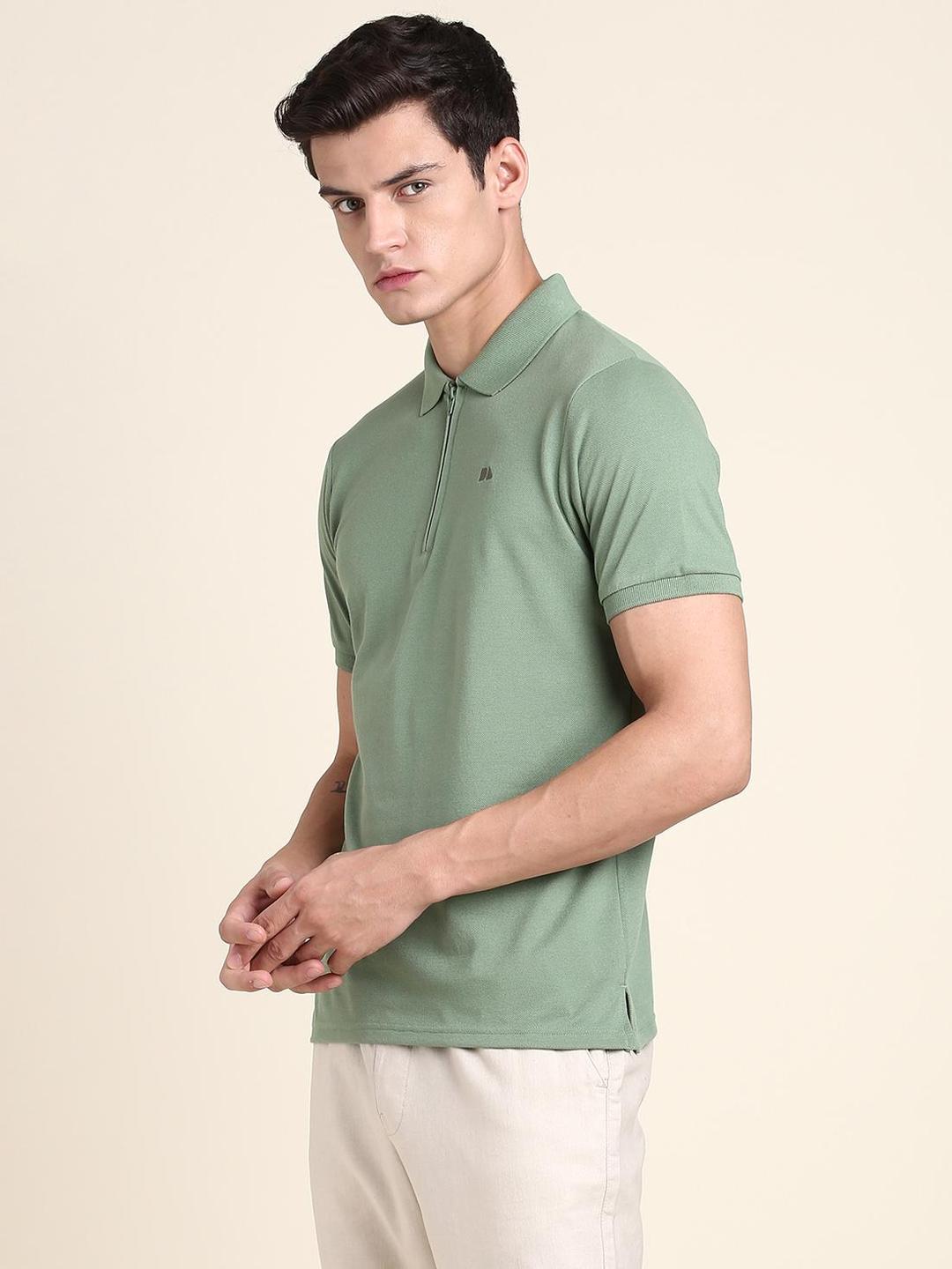 Men Green Cotton Regular Fit Polo with Quarter-Zip