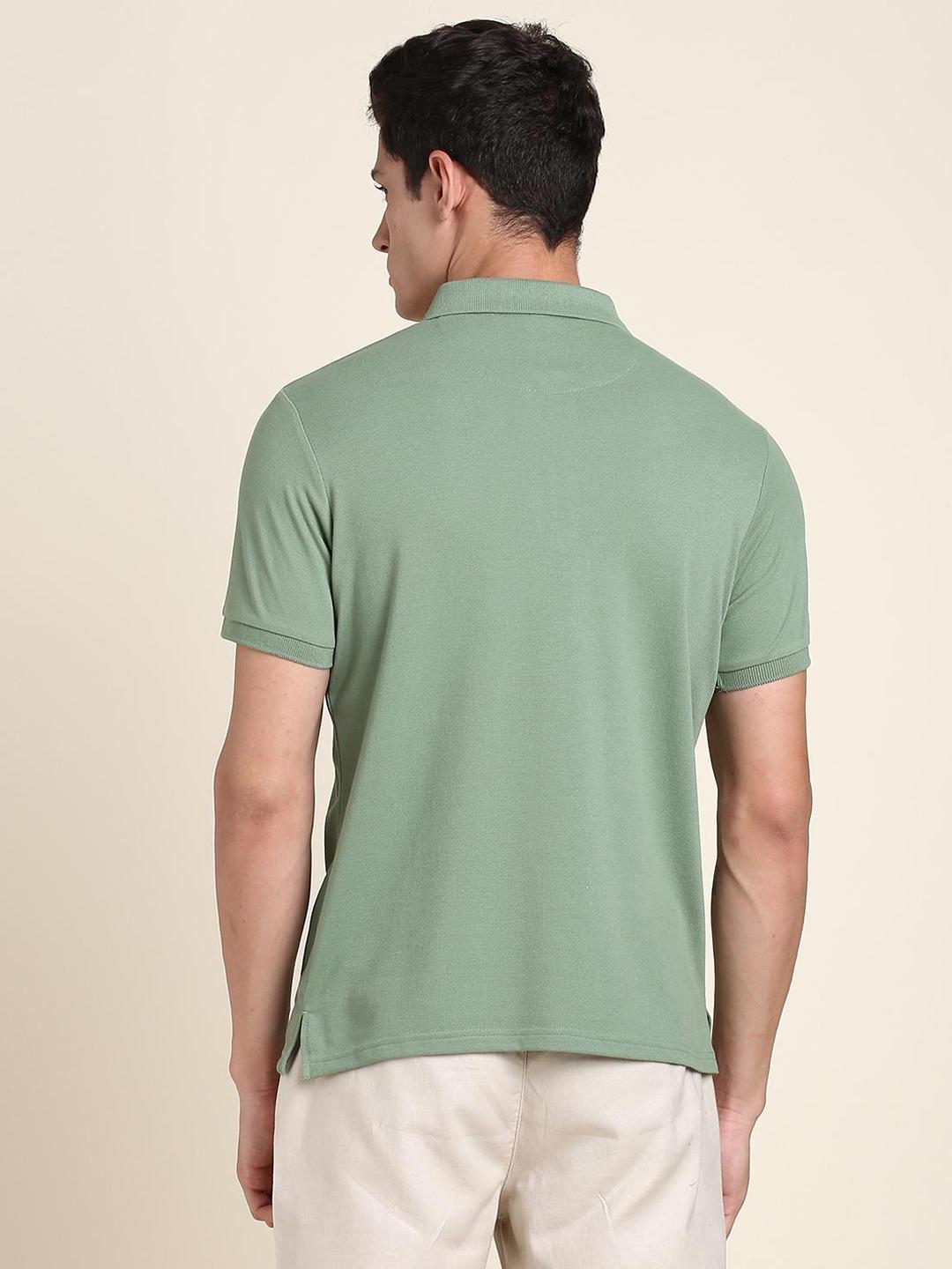 Men Green Cotton Regular Fit Polo with Quarter-Zip