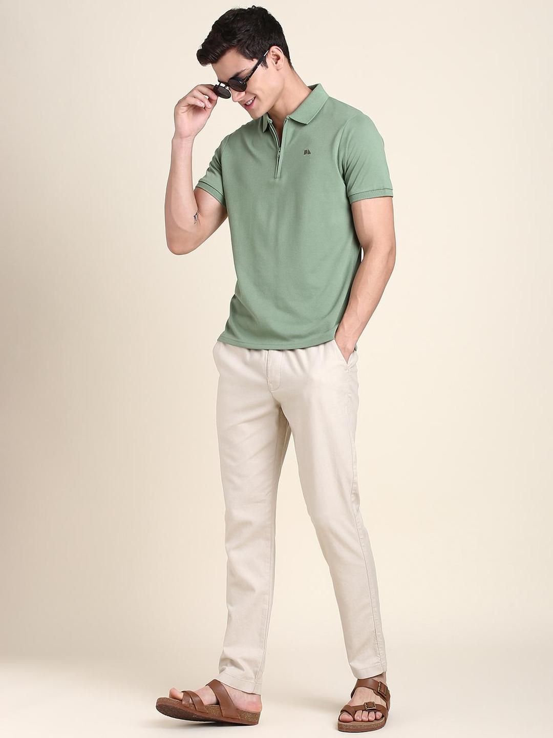 Men Green Cotton Regular Fit Polo with Quarter-Zip