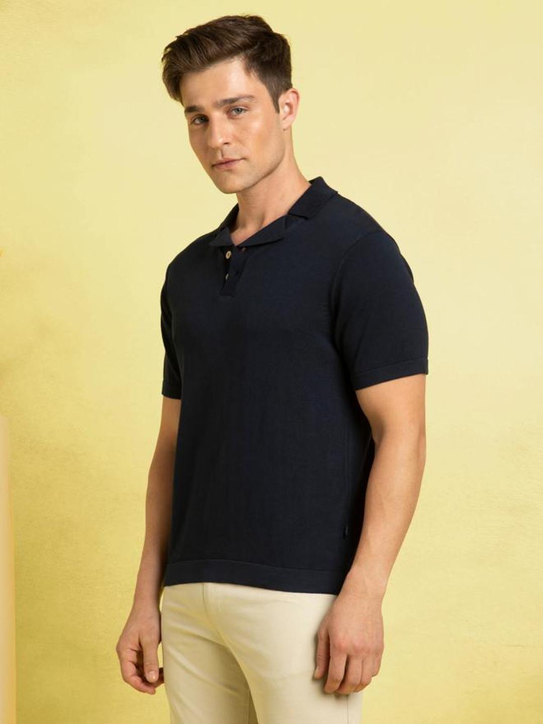 Men Navy Cotton Textured Regular Fit Polo