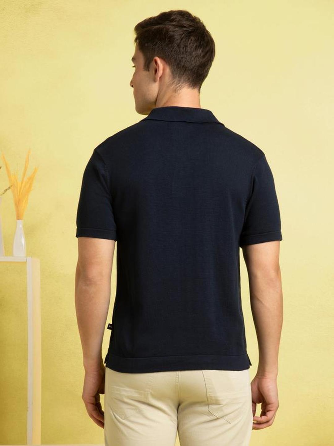 Men Navy Cotton Textured Regular Fit Polo
