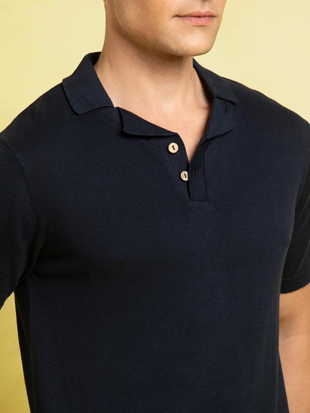 Men Navy Cotton Textured Regular Fit Polo