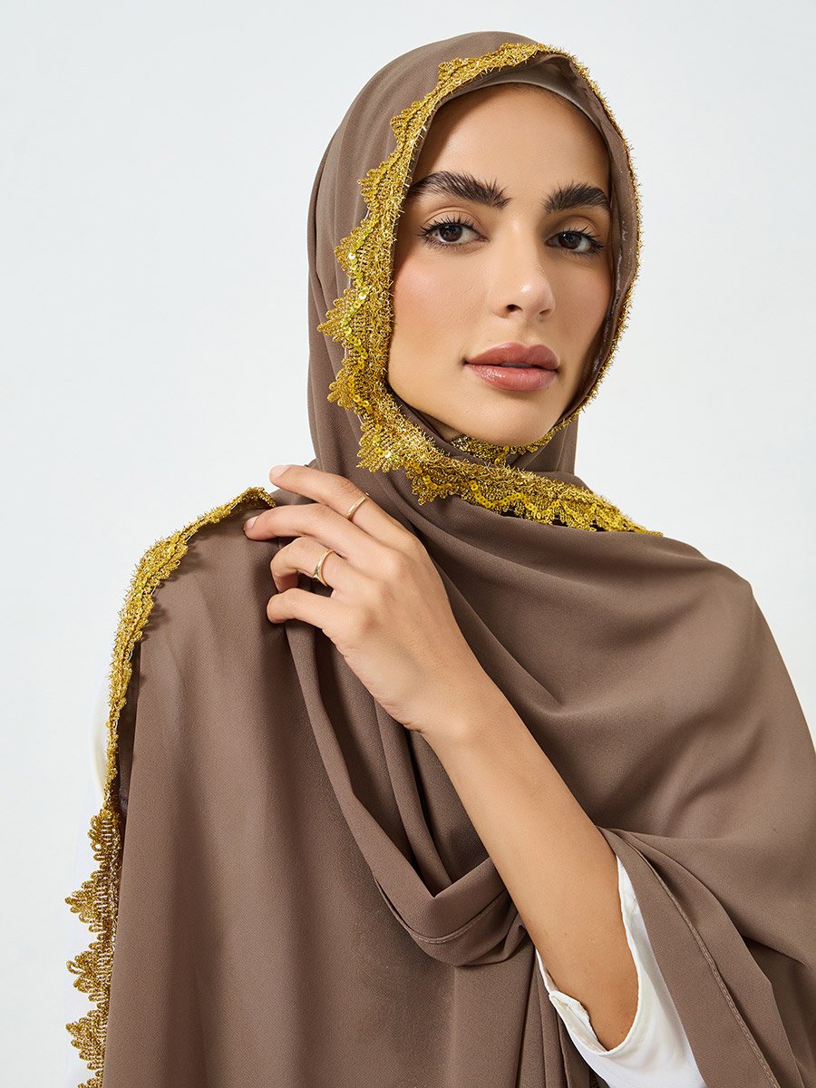 Brown Chiffon Hijab with Lace Trim
