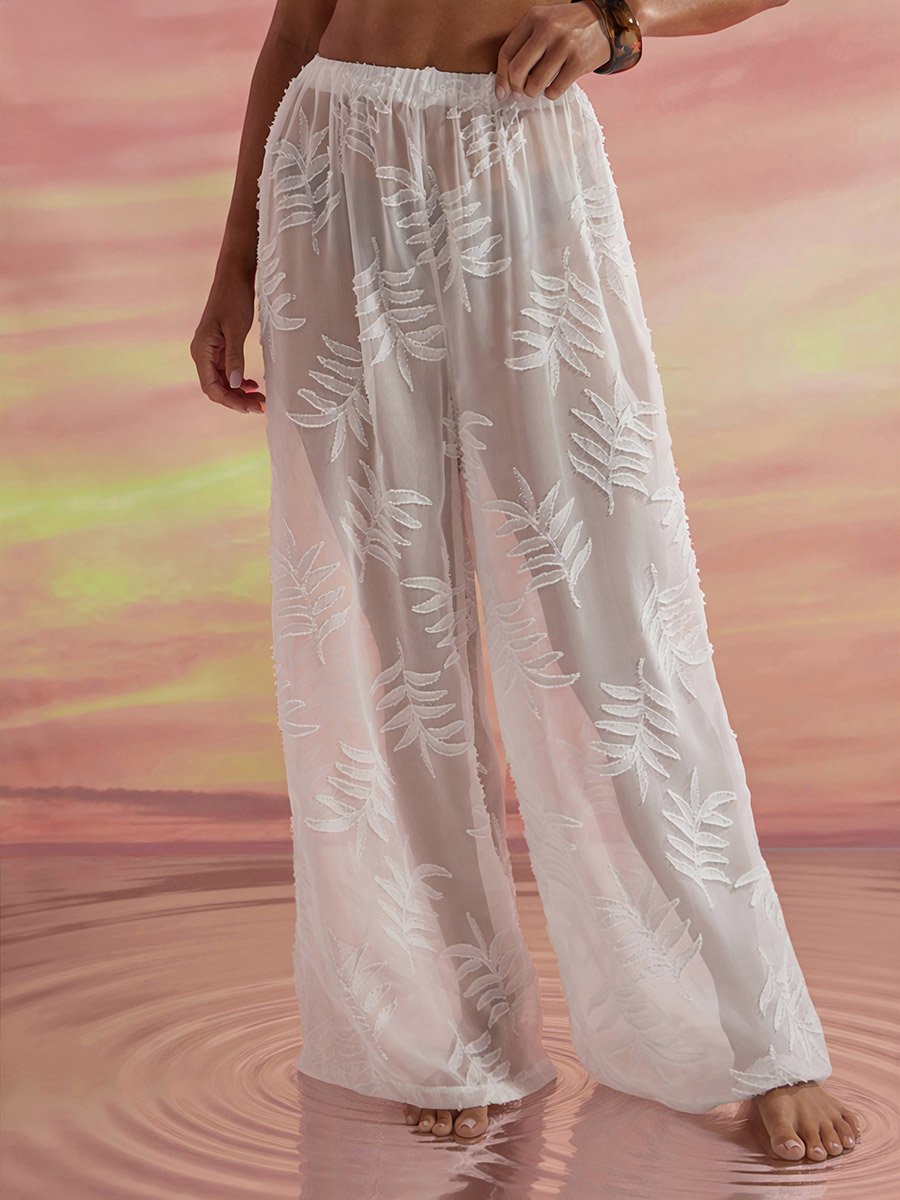 White Jacquard Leaf Textured Loose Fit Beach Pants