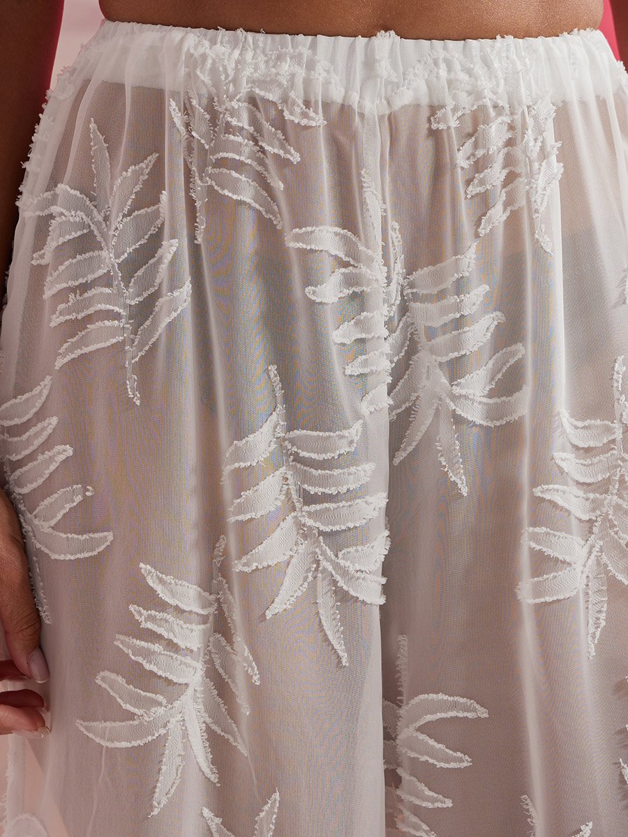 White Jacquard Leaf Textured Loose Fit Beach Pants