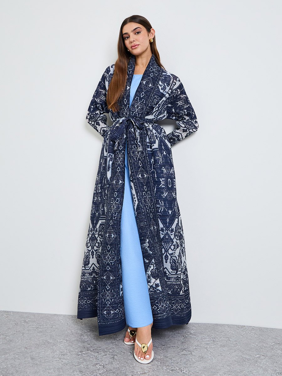 Dark Blue All Over Print Plisse Abaya with Tie-Belt
