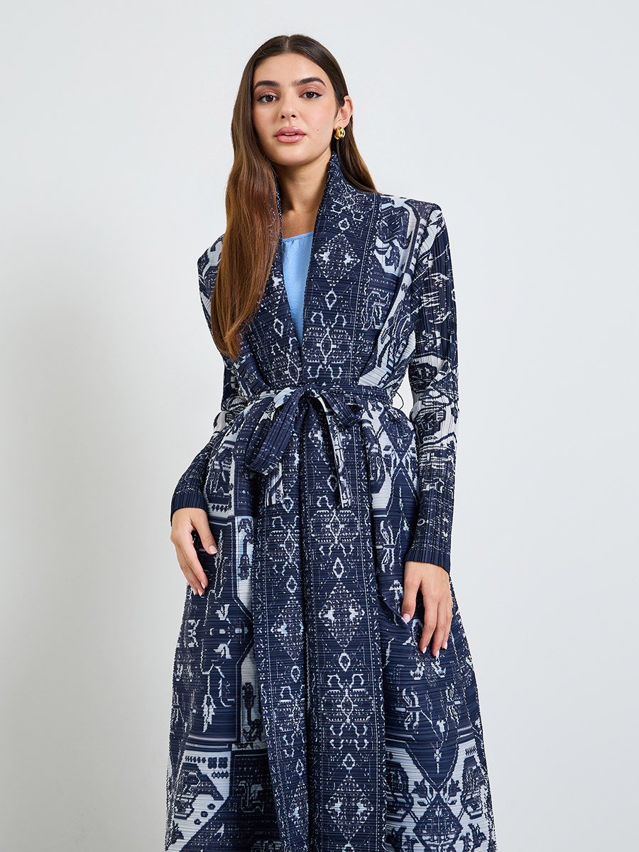 Dark Blue All Over Print Plisse Abaya with Tie-Belt