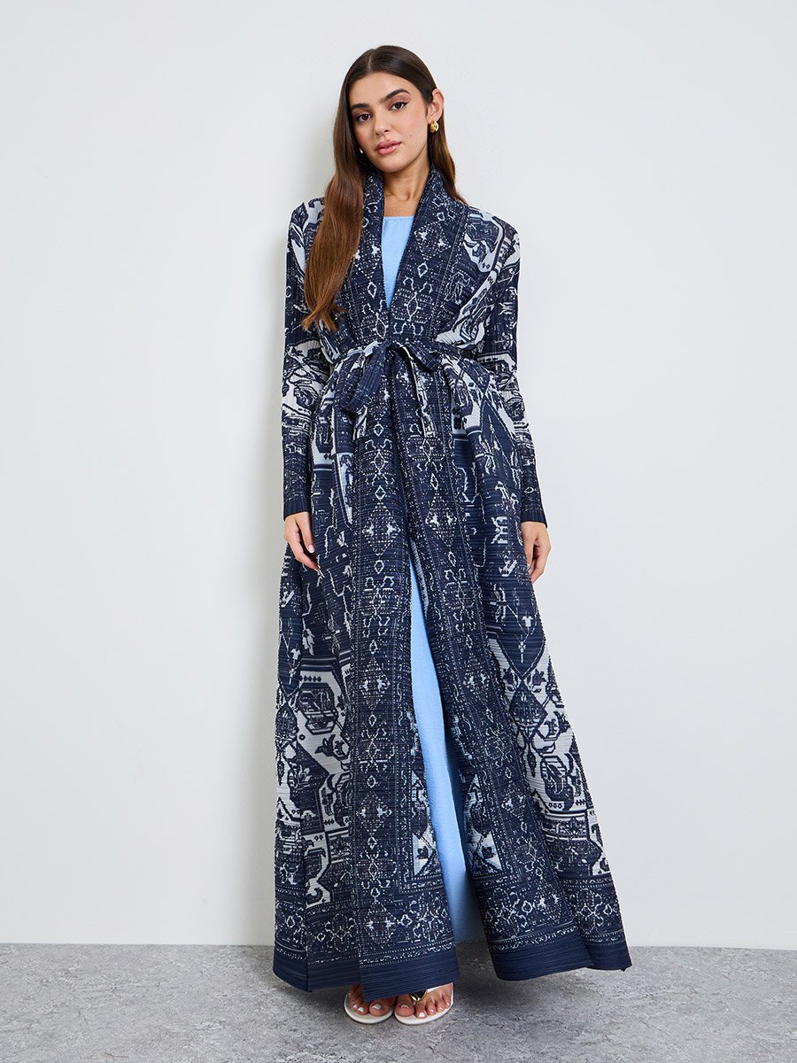 Dark Blue All Over Print Plisse Abaya with Tie-Belt