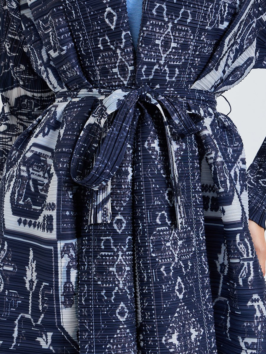 Dark Blue All Over Print Plisse Abaya with Tie-Belt