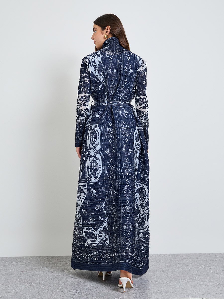Dark Blue All Over Print Plisse Abaya with Tie-Belt