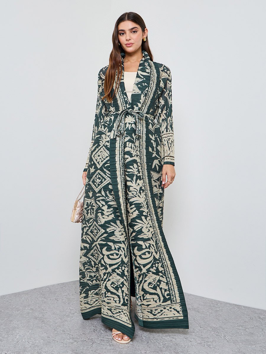 Green All Over Print Plisse Abaya with Tie-Belt