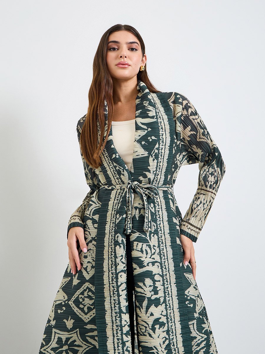 Green All Over Print Plisse Abaya with Tie-Belt