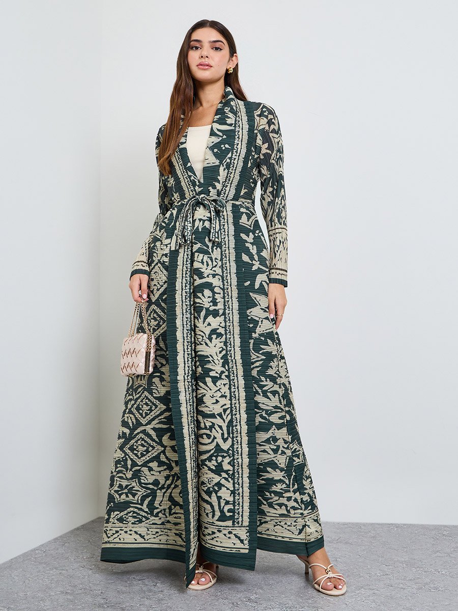 Green All Over Print Plisse Abaya with Tie-Belt