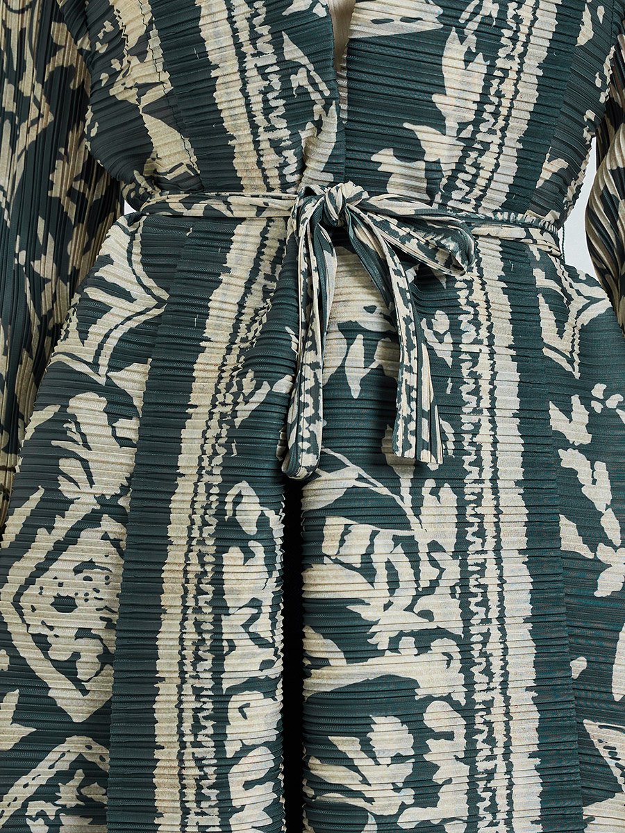Green All Over Print Plisse Abaya with Tie-Belt