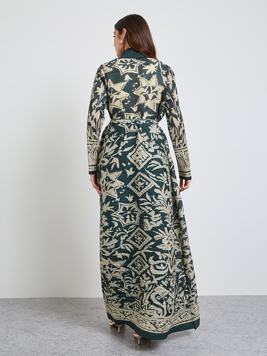 Green All Over Print Plisse Abaya with Tie-Belt