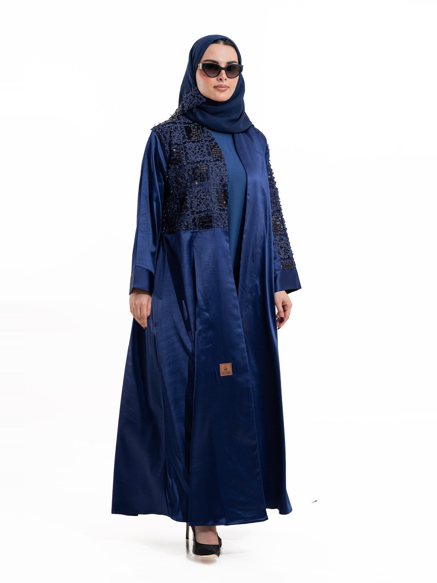 Navy Blue Embroidered Lace A-Line Abaya