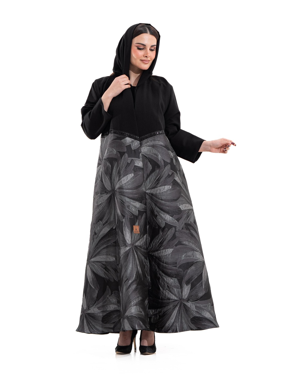 Grey Floral Embellished A-Line Abaya