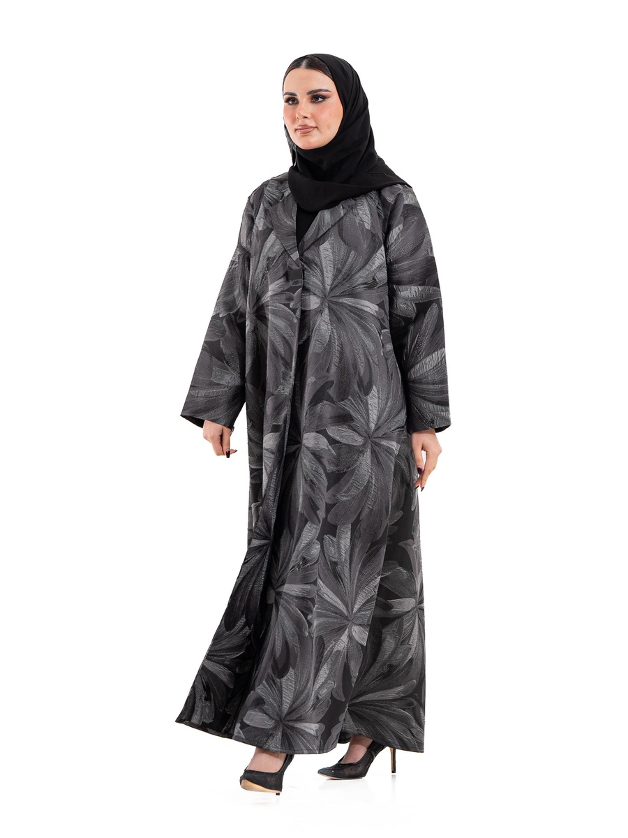 Grey Floral Print Blazer Abaya