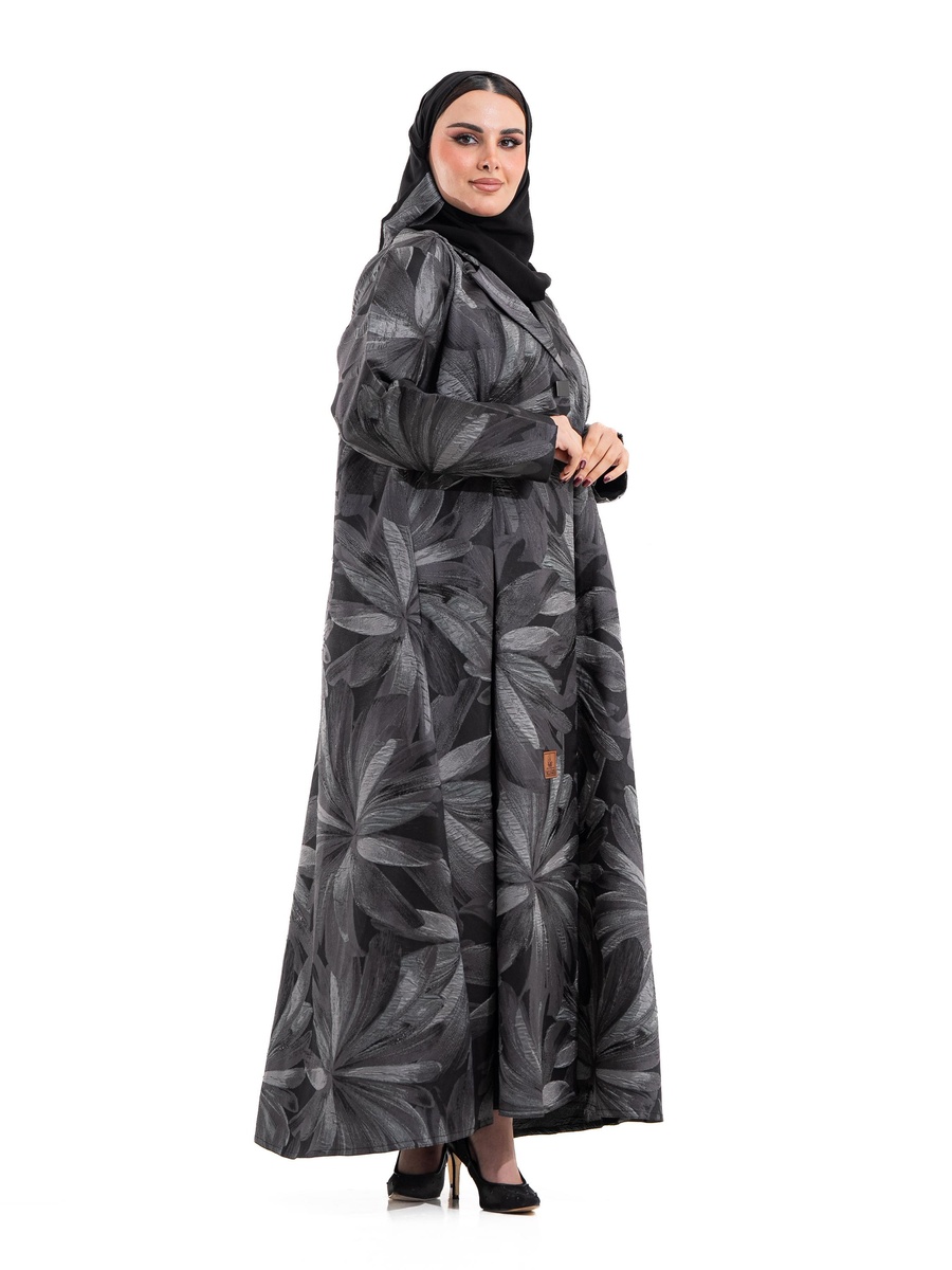 Grey Floral Print Blazer Abaya