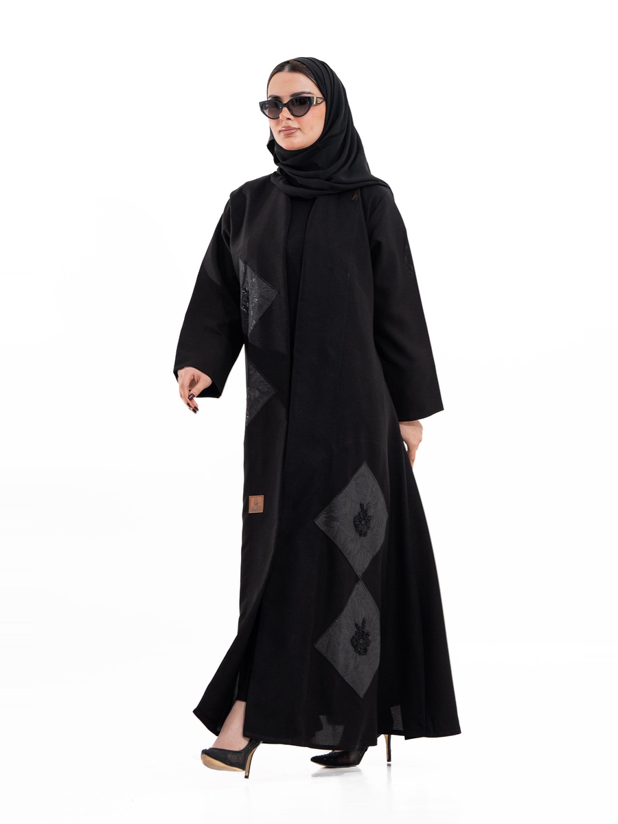 Black Embellished Open Front Abaya