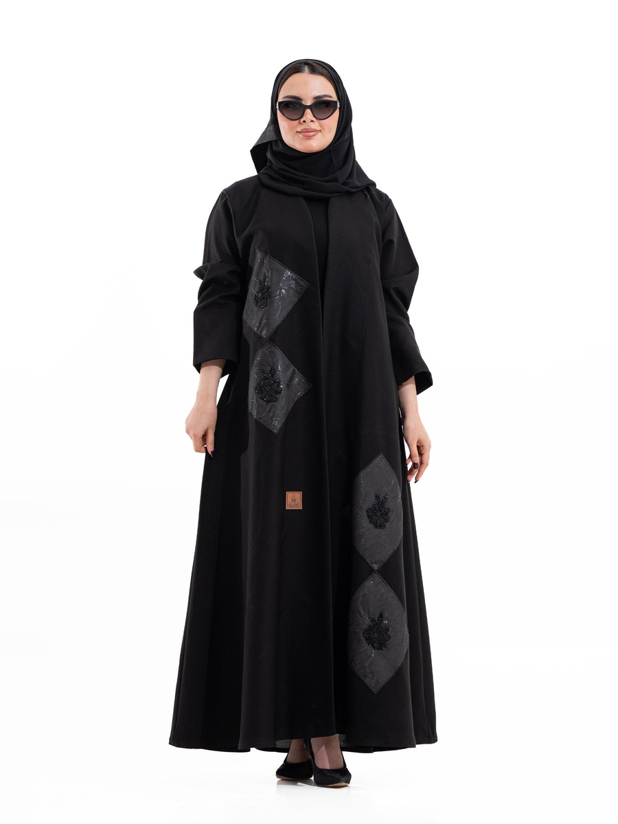 Black Embellished Open Front Abaya