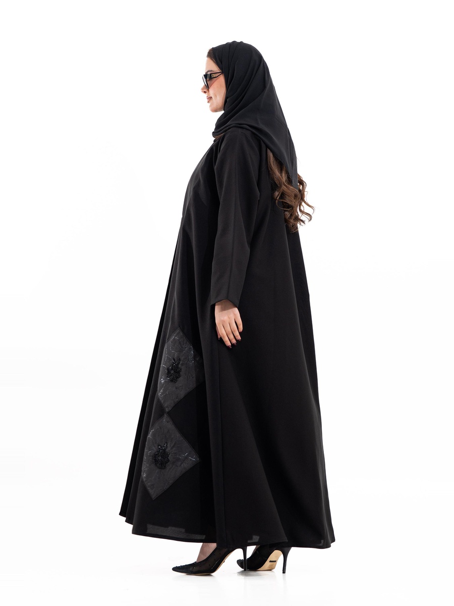 Black Embellished Open Front Abaya
