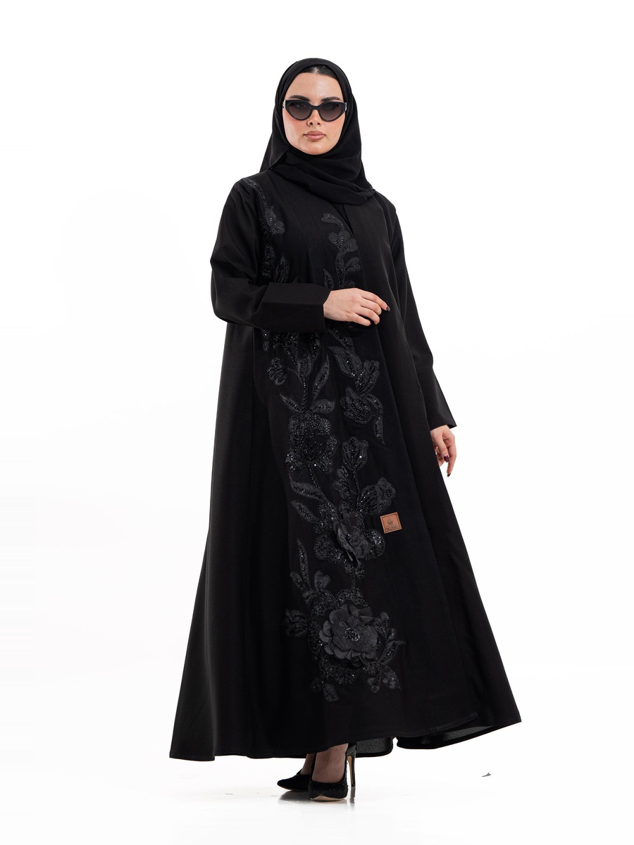 Black Embroidered A-Line Abaya
