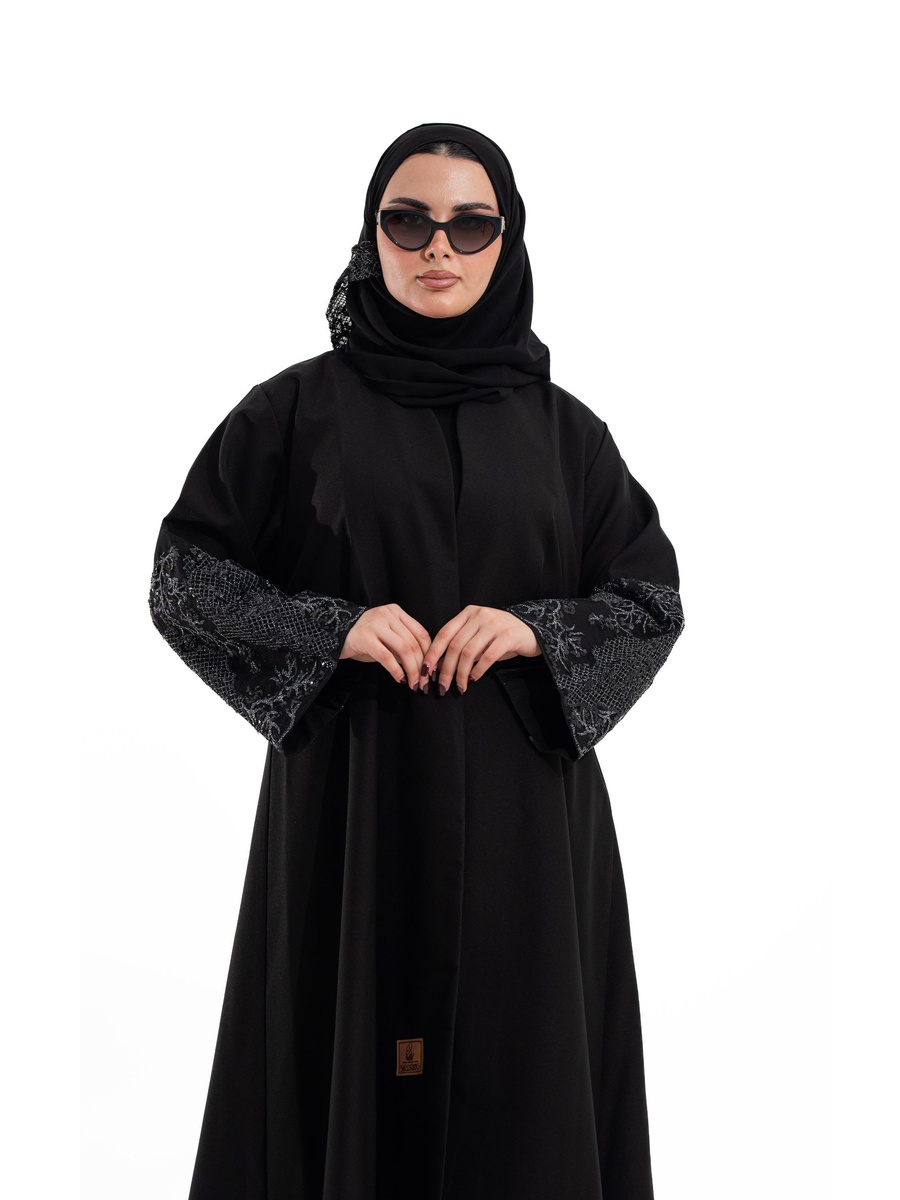 Black Embroidered Open Front Abaya