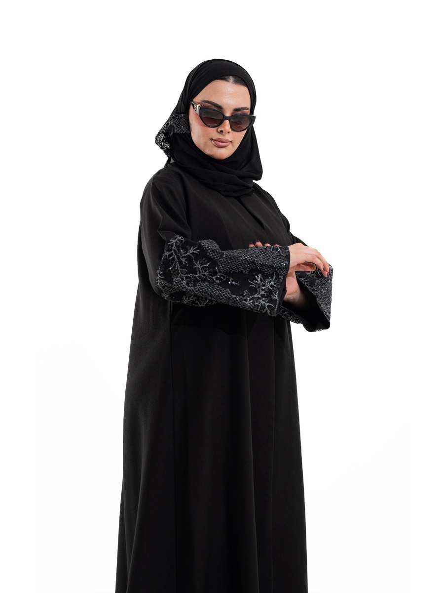 Black Embroidered Open Front Abaya