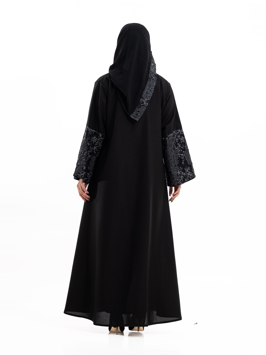 Black Embroidered Open Front Abaya