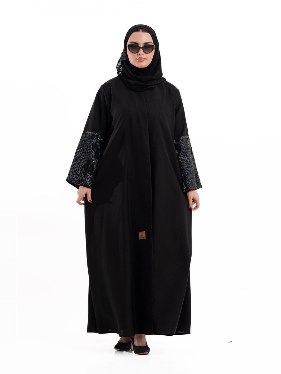 Black Embroidered Open Front Abaya