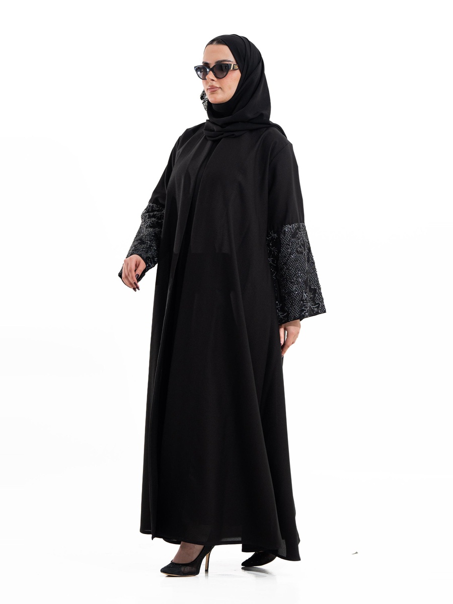 Black Embroidered Open Front Abaya