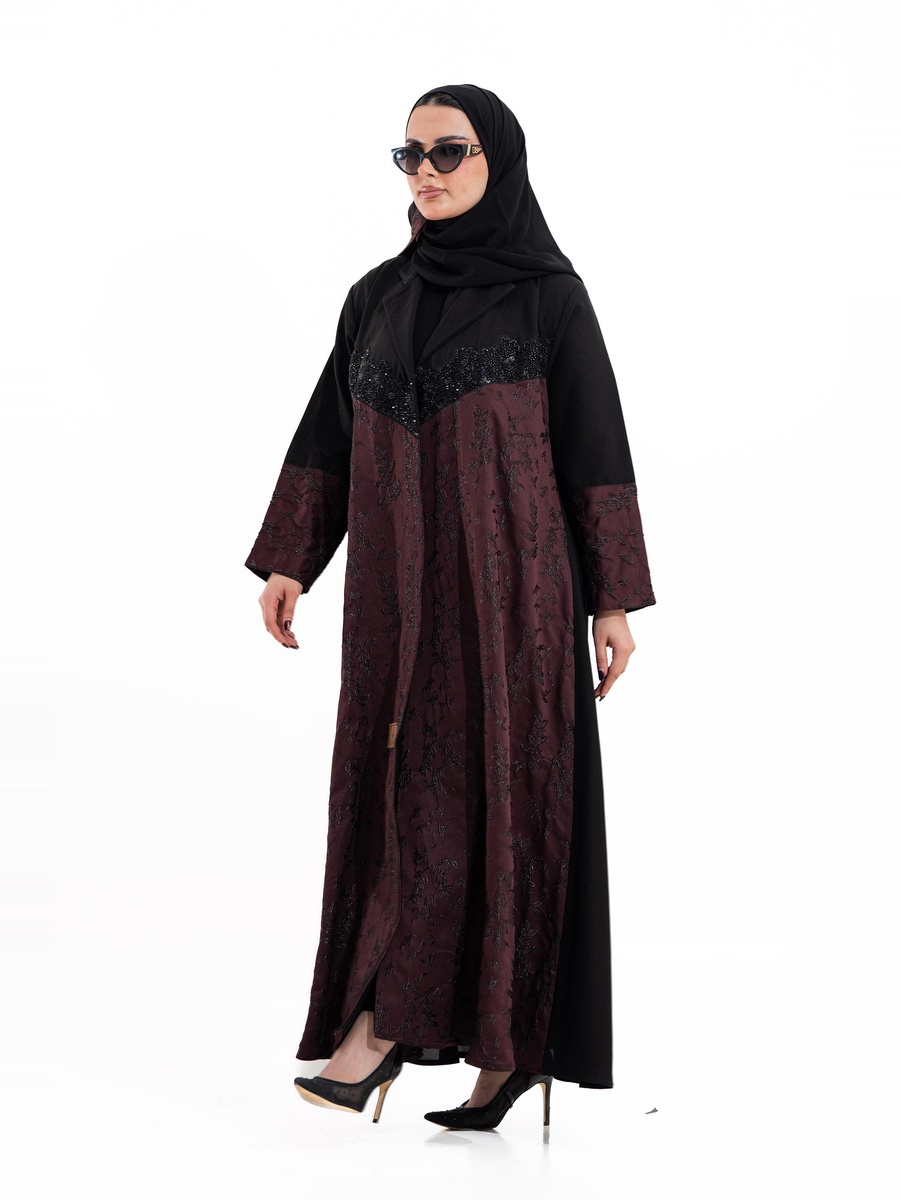 Burgundy Embroidered Open Front Abaya