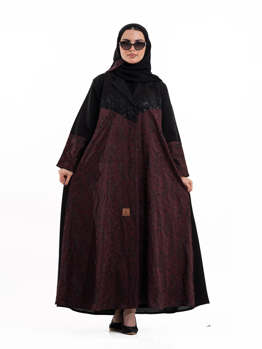 Burgundy Embroidered Open Front Abaya