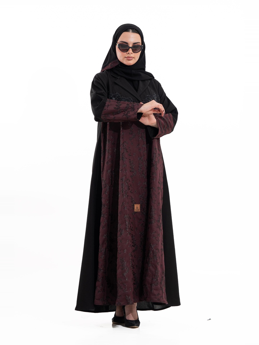 Burgundy Embroidered Open Front Abaya